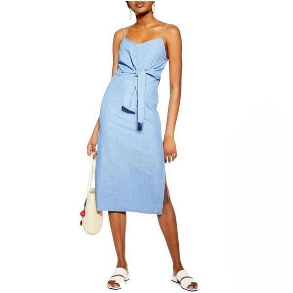 Topshop Chambray Midi Spaghetti Strap High Leg Slit Dress Front Knot Size 2 - Picture 1 of 9